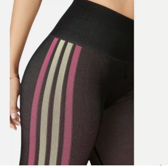 Fabletics High-Waisted Seamless Stripe Leggings | Size L | Black w/ Pink & Green - Picture 11 of 12